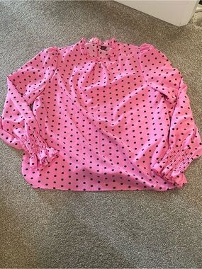SHEIN Pink Polka Dot Ruffle Neck Blouse